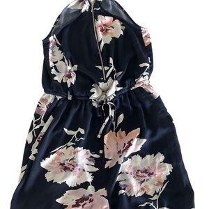 Floral Dynamite Romper  in Navy and Pink Front Zip and Tie at Waist Petite Small